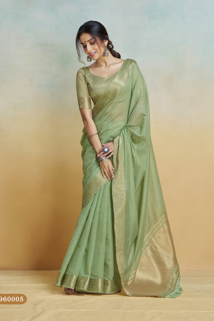 Banarasi Border, Pure Handloom Khadi silk, With Chit Pallu And Tassels (Green)