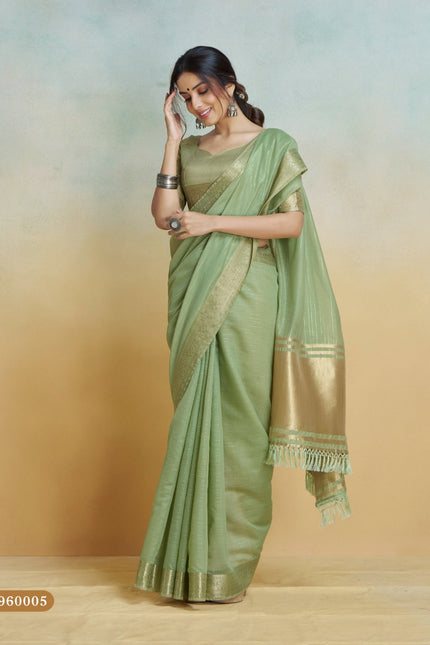 Banarasi Border, Pure Handloom Khadi silk, With Chit Pallu And Tassels (Green)