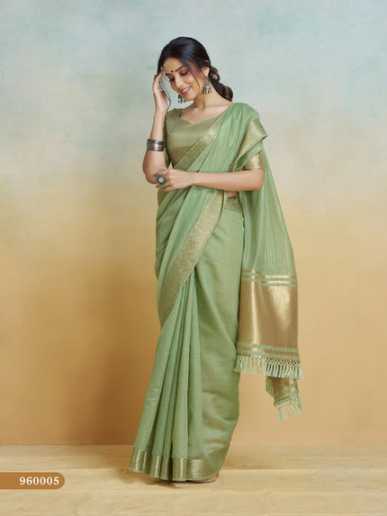 Banarasi Border, Pure Handloom Khadi silk, With Chit Pallu And Tassels (Green)