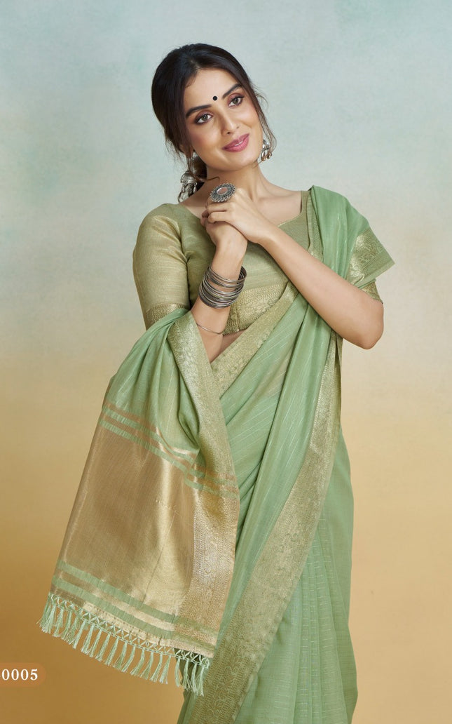 Banarasi Border, Pure Handloom Khadi silk, With Chit Pallu And Tassels (Green)