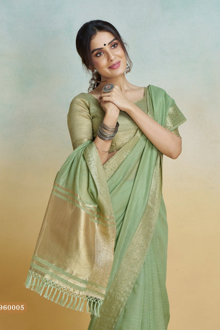 Banarasi Border, Pure Handloom Khadi silk, With Chit Pallu And Tassels (Green)