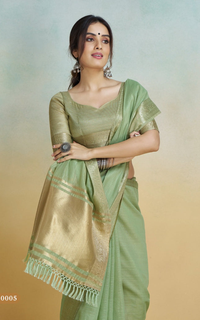 Banarasi Border, Pure Handloom Khadi silk, With Chit Pallu And Tassels (Green)