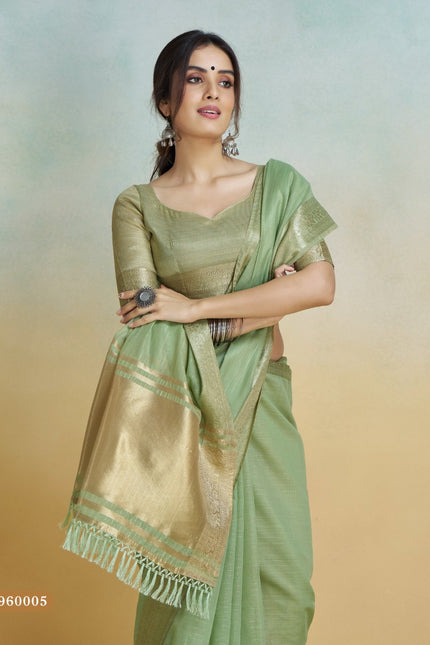 Banarasi Border, Pure Handloom Khadi silk, With Chit Pallu And Tassels (Green)