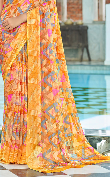 Geometric Print, Graphic Print Bollywood Chiffon, Georgette Saree (Yellow)