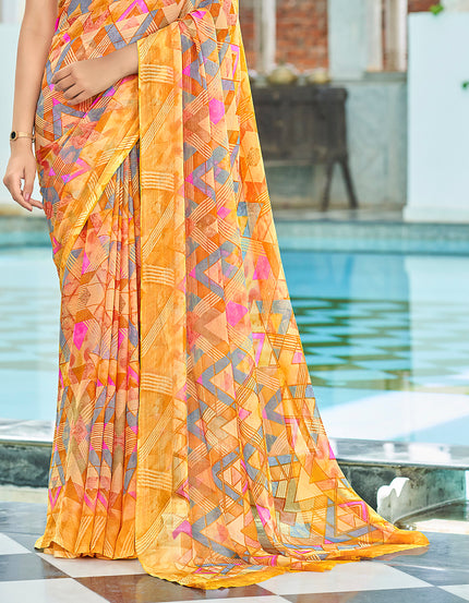 Geometric Print, Graphic Print Bollywood Chiffon, Georgette Saree (Yellow)