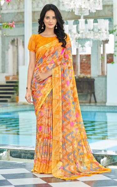 Geometric Print, Graphic Print Bollywood Chiffon, Georgette Saree (Yellow)