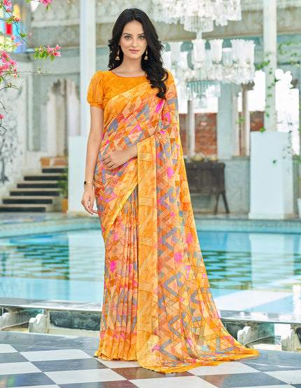Geometric Print, Graphic Print Bollywood Chiffon, Georgette Saree (Yellow)