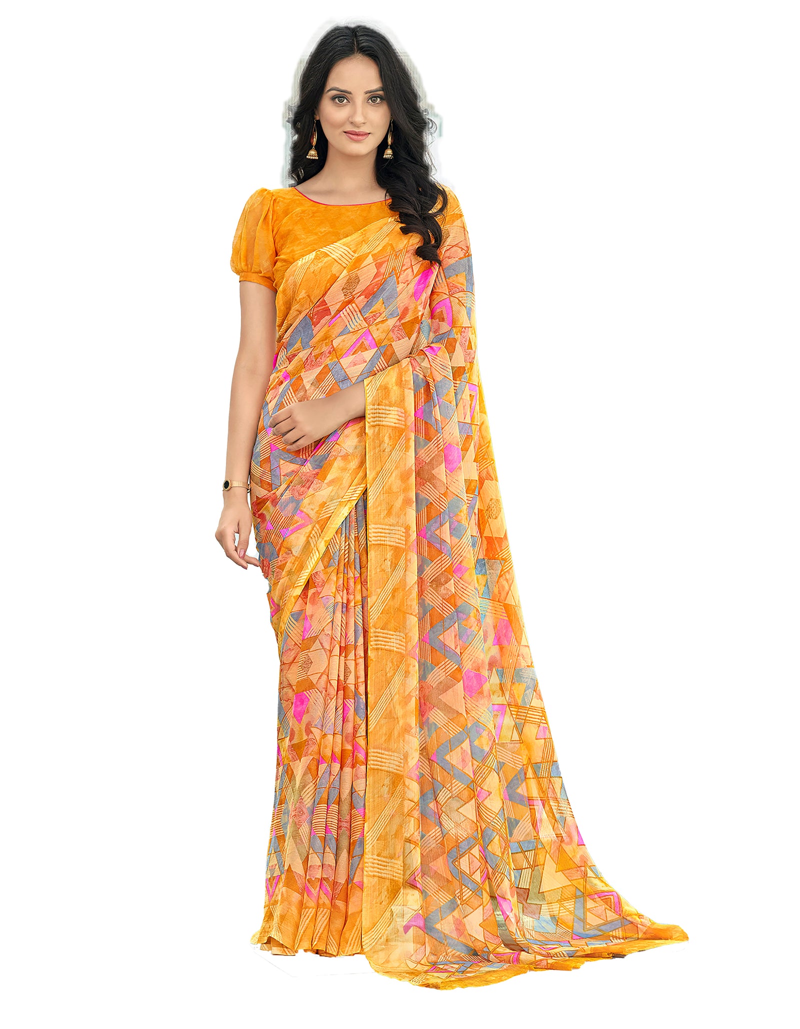 Geometric Print, Graphic Print Bollywood Chiffon, Georgette Saree (Yellow)