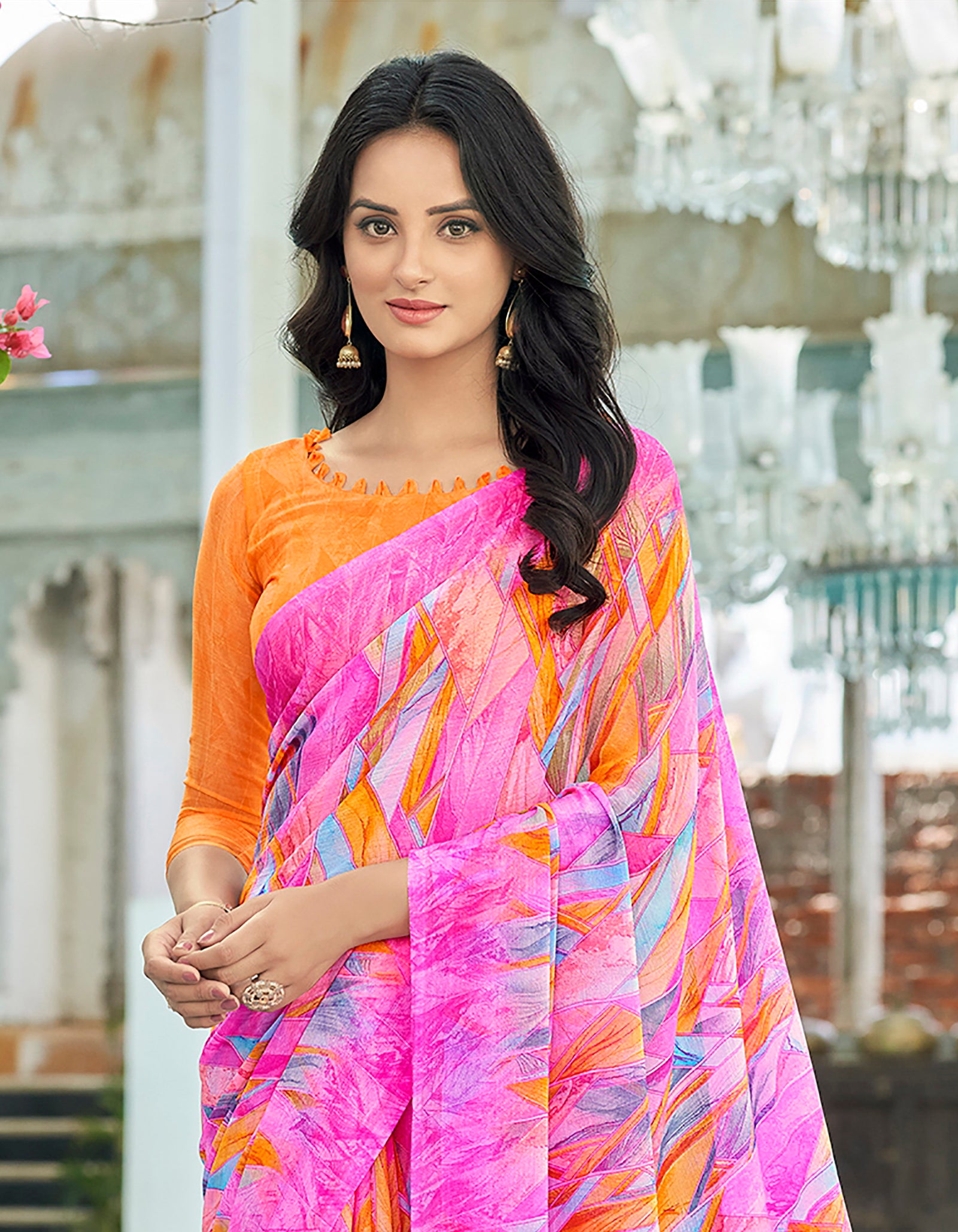 Georgette Geometric Print Saree Yellow Party Wear with Blouse Piece