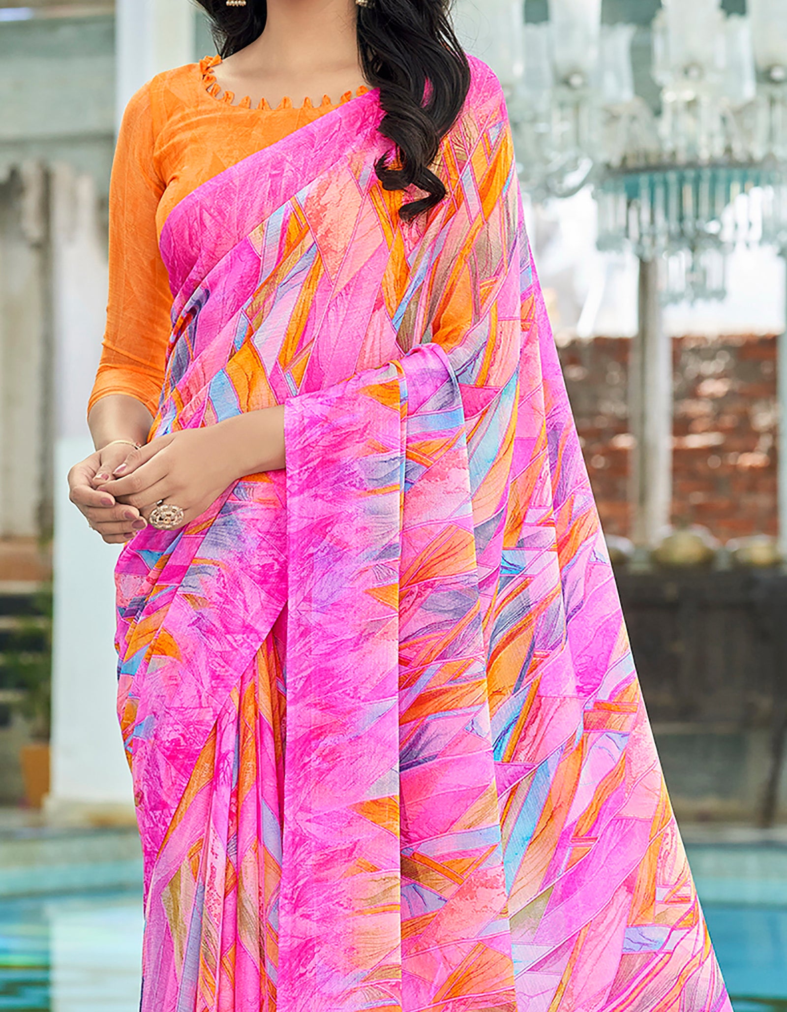Georgette Geometric Print Saree Yellow Party Wear with Blouse Piece