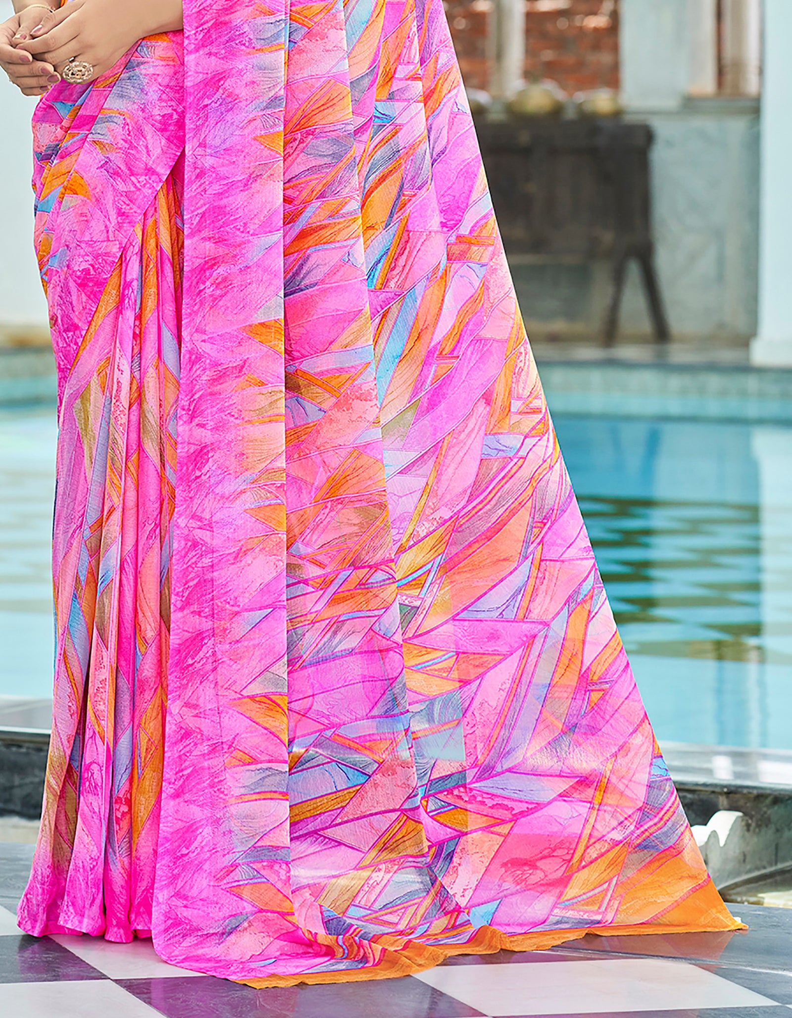 Georgette Geometric Print Saree Yellow Party Wear with Blouse Piece