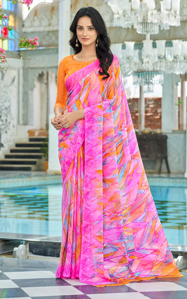 Geometric Print, Graphic Print Bollywood Chiffon, Georgette Saree (Yellow)