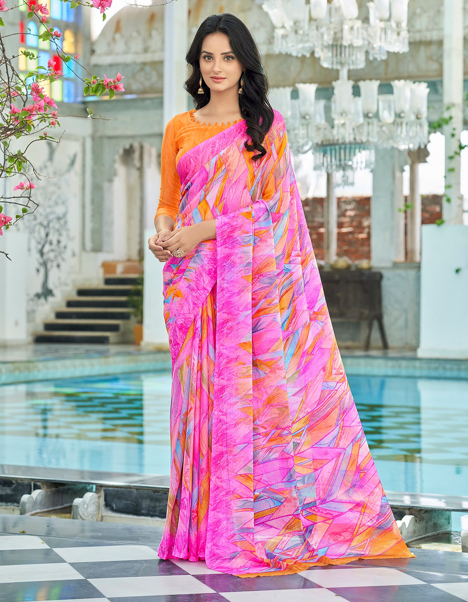 Georgette Geometric Print Saree Yellow Party Wear with Blouse Piece