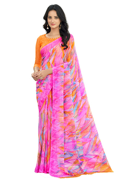 Geometric Print, Graphic Print Bollywood Chiffon, Georgette Saree (Yellow)