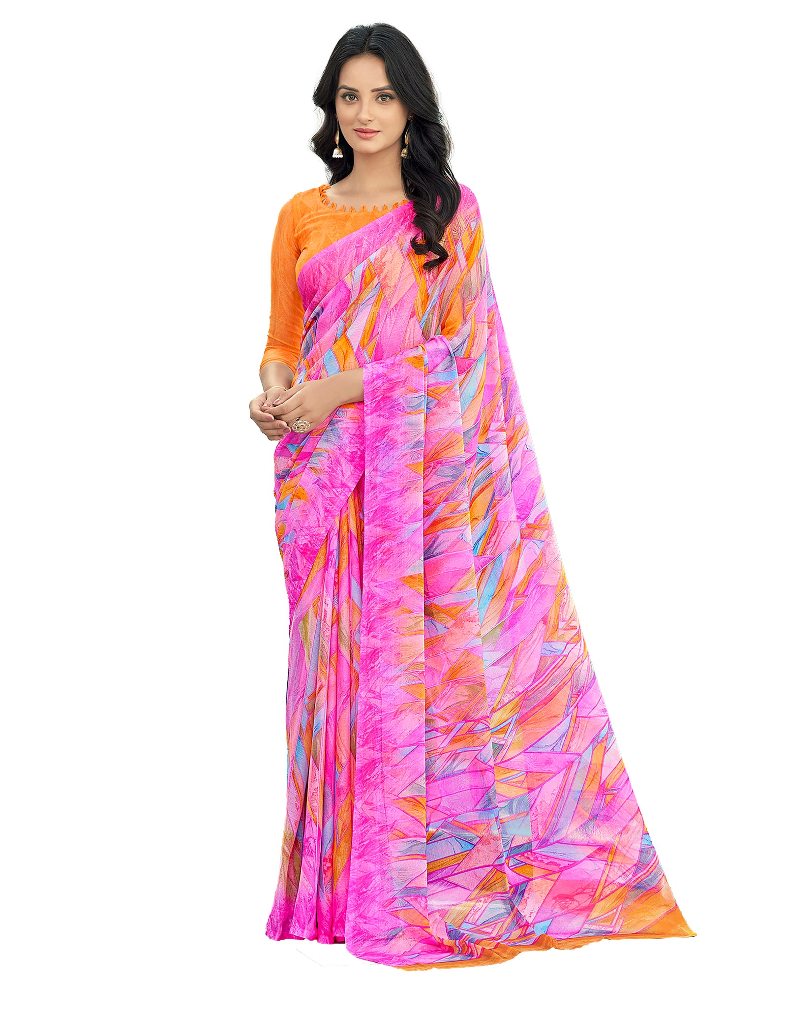 Georgette Geometric Print Saree Yellow Party Wear with Blouse Piece
