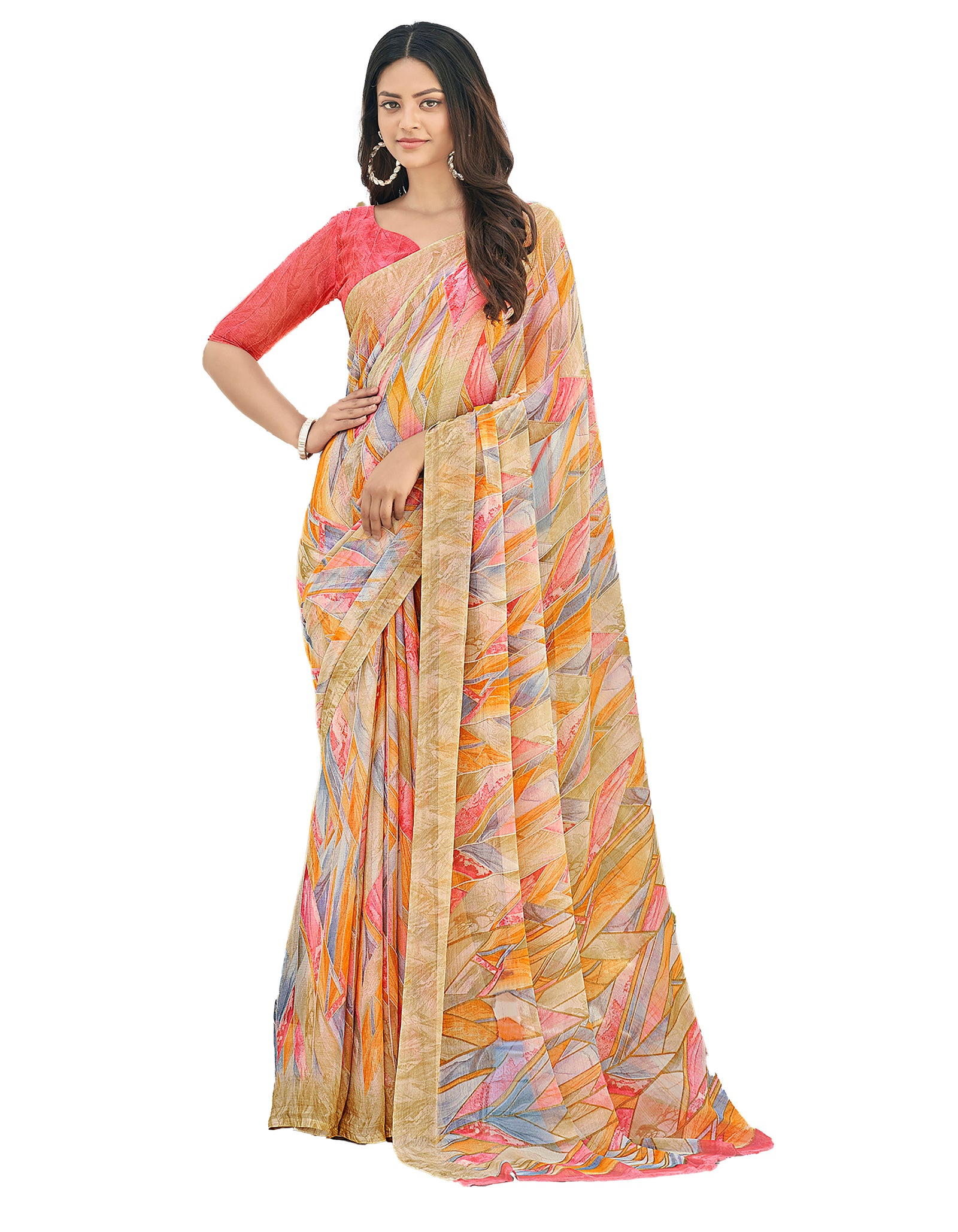 Geometric Print, Graphic Print Bollywood Chiffon, Georgette Saree (Orange)