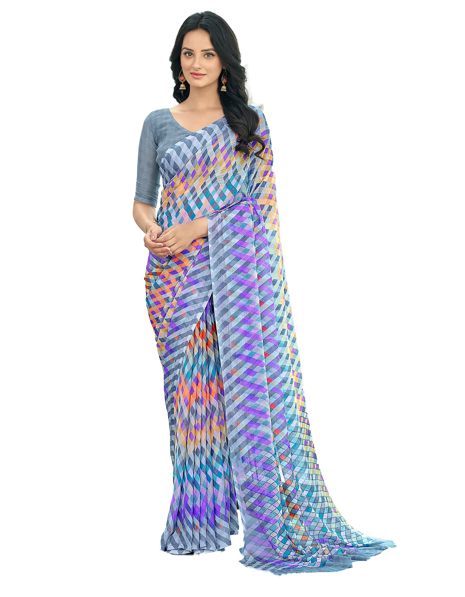 Geometric Print, Graphic Print Bollywood Chiffon, Georgette Saree (Grey)