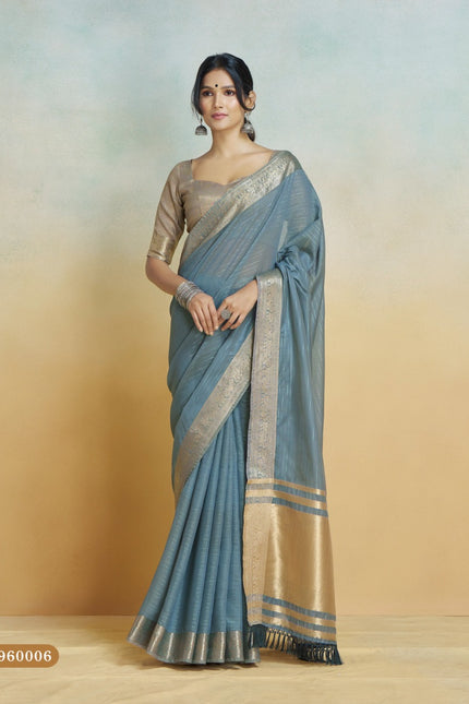 Banarasi Border, Pure Handloom Khadi silk, With Chit Pallu And Tassels (Grey)