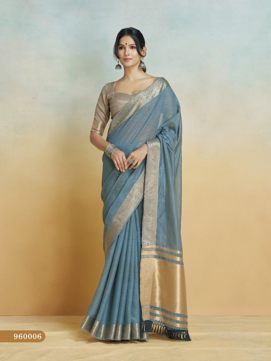 Banarasi Border, Pure Handloom Khadi Silk With Chit Pallu & Tassels (Grey)