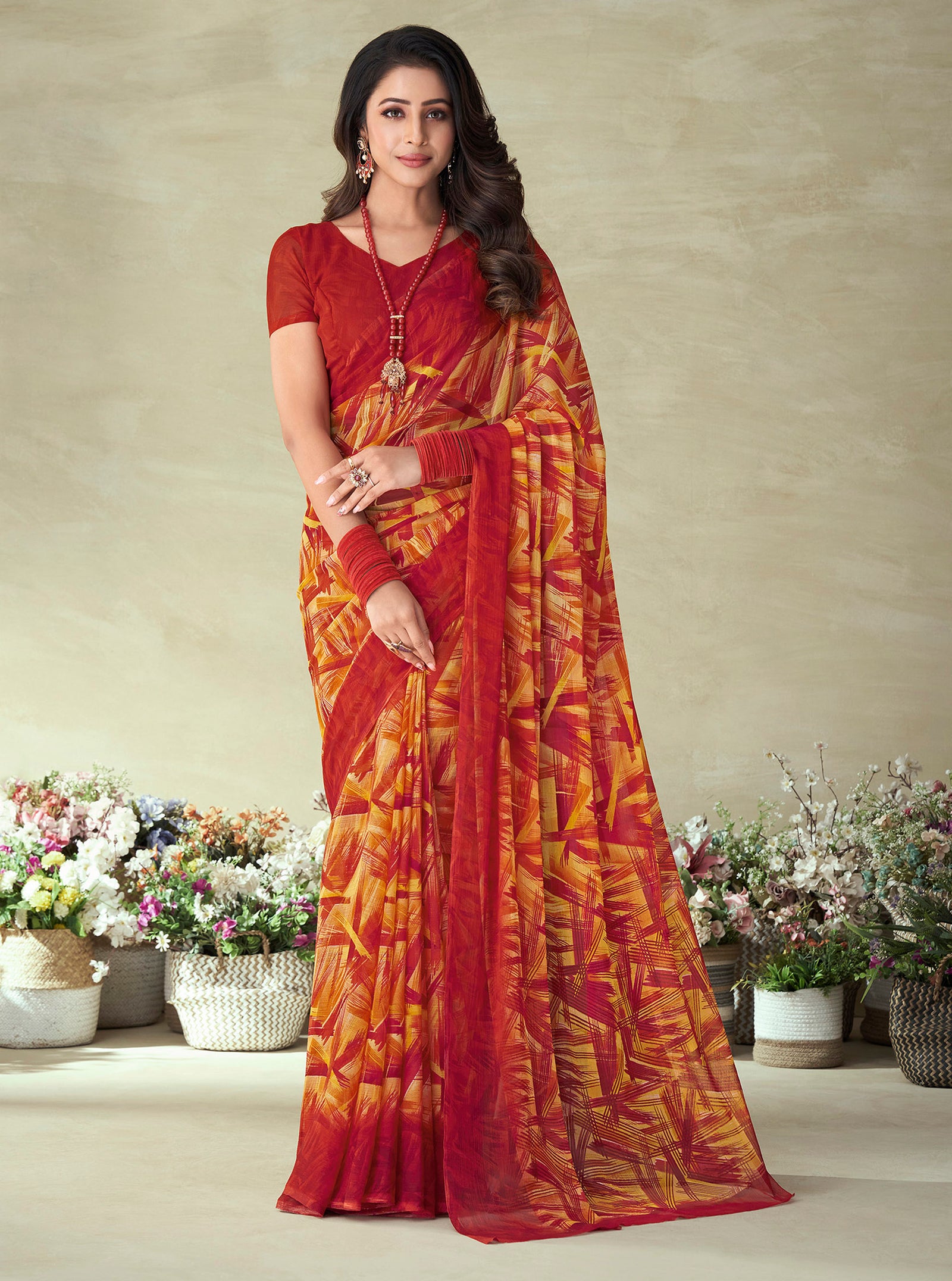 Geometric Print, Graphic Print Bollywood Chiffon, Georgette Saree (Grey & Purple)