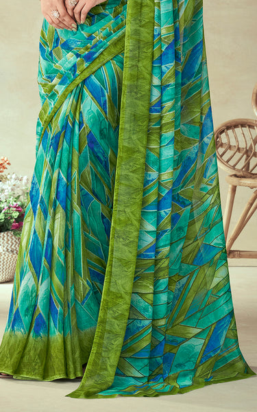 Geometric Print Bollywood Chiffon, Georgette Saree (Green)