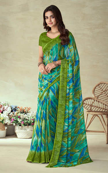 Geometric Print Bollywood Chiffon, Georgette Saree (Green)