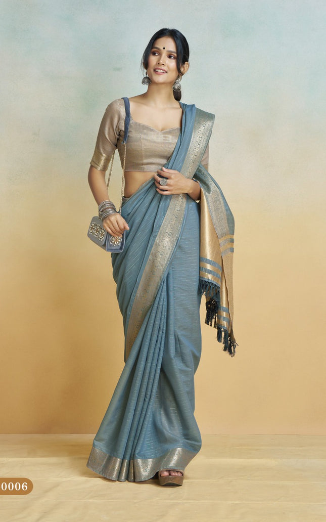Banarasi Border, Pure Handloom Khadi silk, With Chit Pallu And Tassels (Grey)