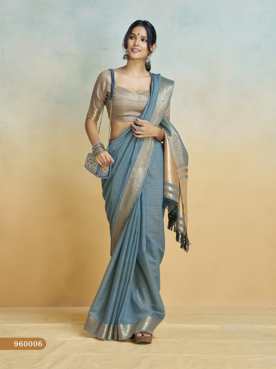 Banarasi Border, Pure Handloom Khadi Silk With Chit Pallu & Tassels (Grey)