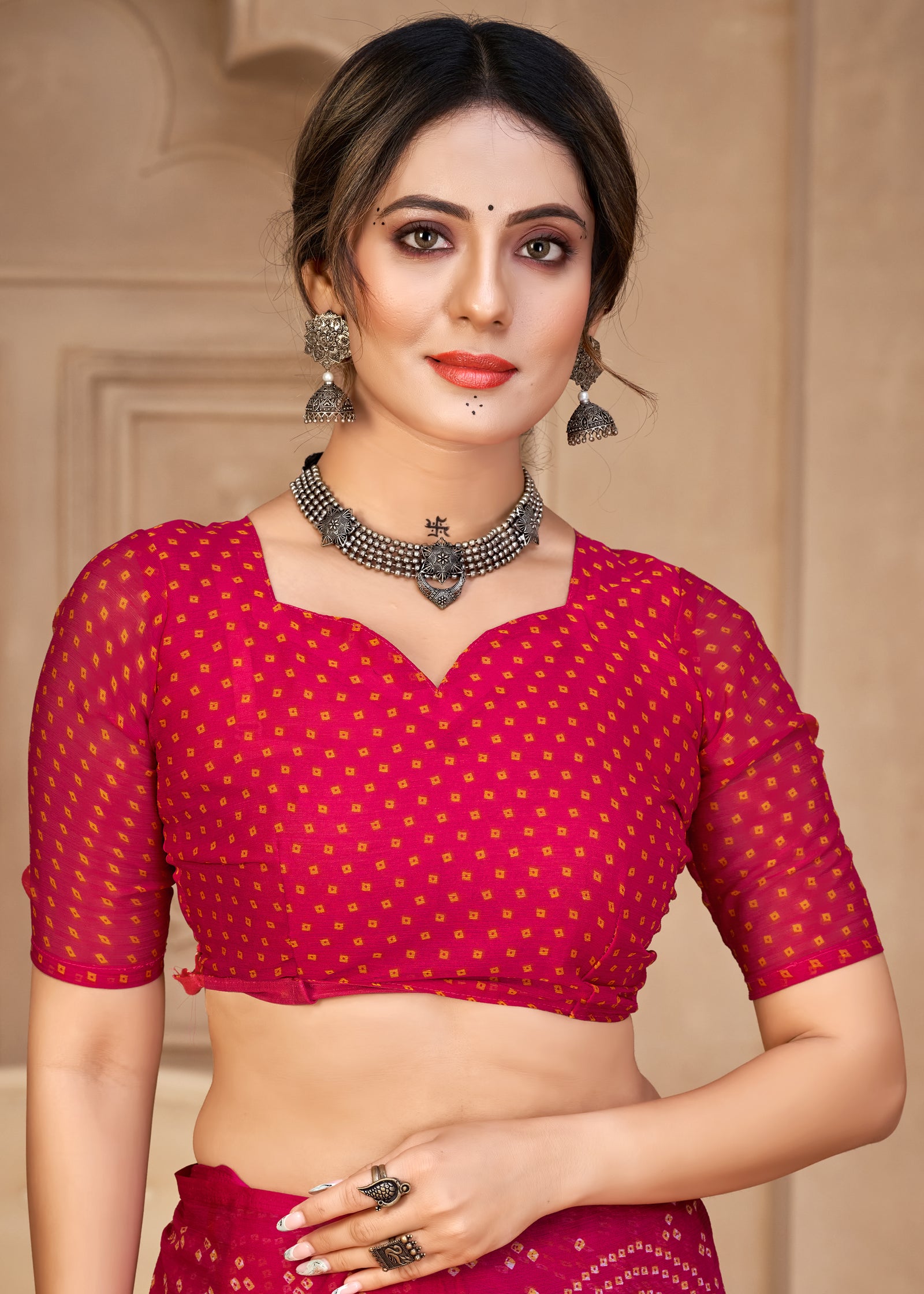 Georgette Bandhani Print Saree Festive Ethnic Wear with Blouse Piece (Rani Pink)