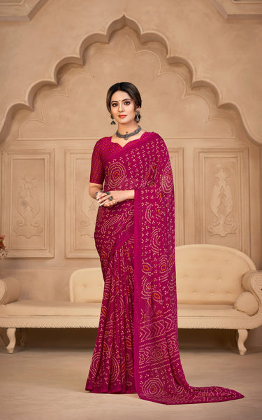 Graphic Print, Printed Bandhani Chiffon, Georgette Saree (Pink)