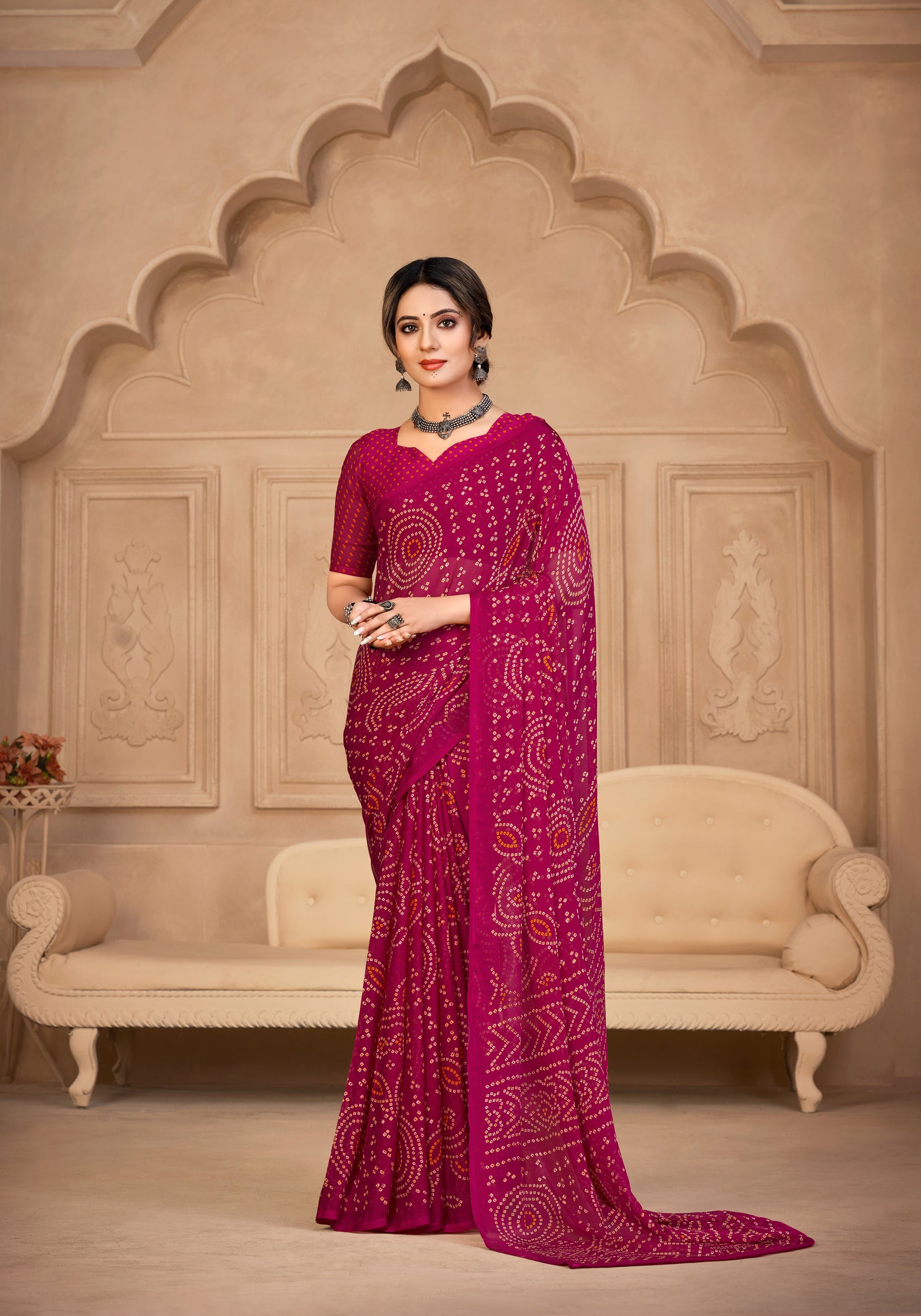 Georgette Bandhani Print Saree Festive Ethnic Wear with Blouse Piece (Rani Pink)