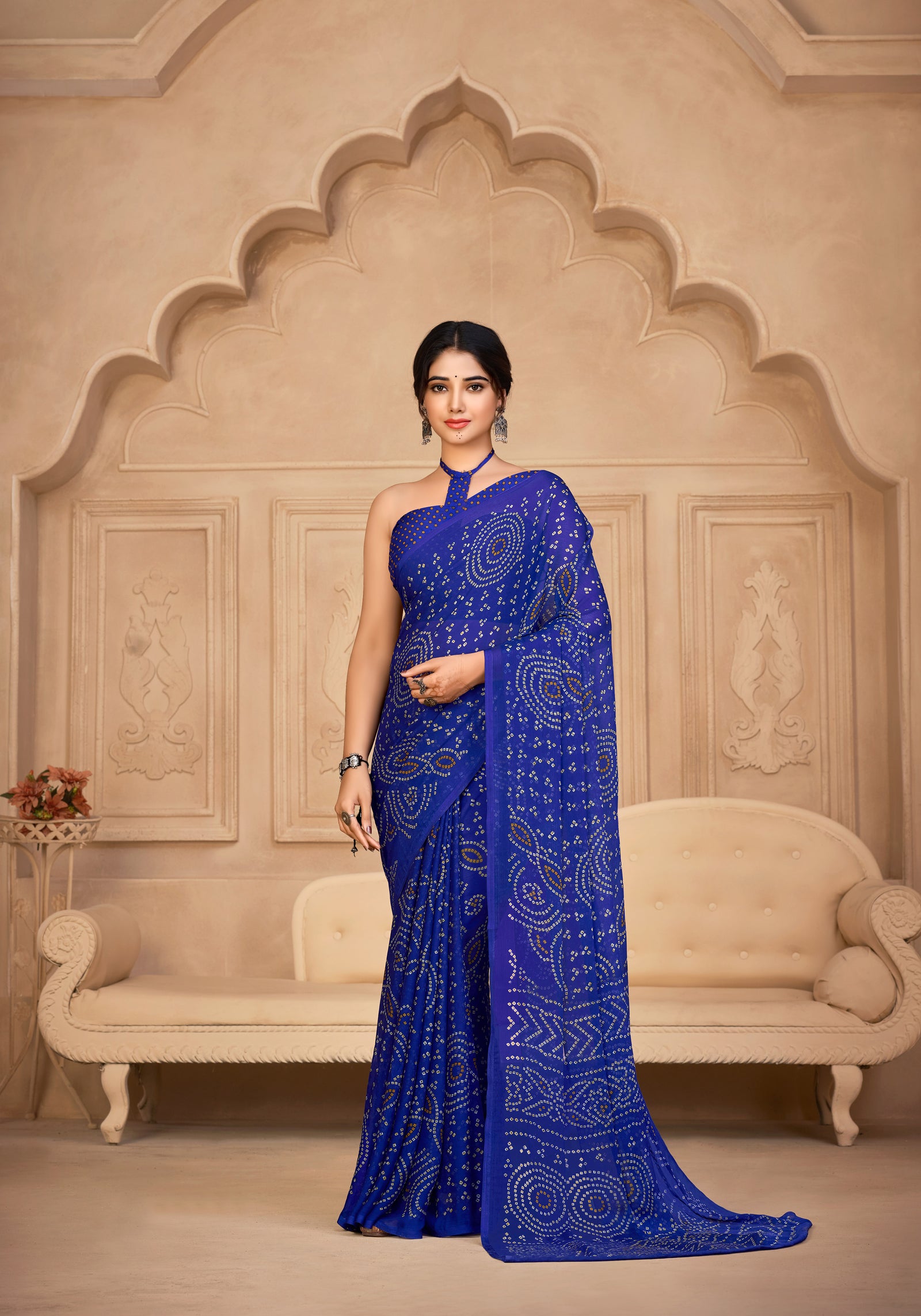 Georgette Bandhani Print Saree Festive Ethnic Wear with Blouse Piece (Royal Blue)