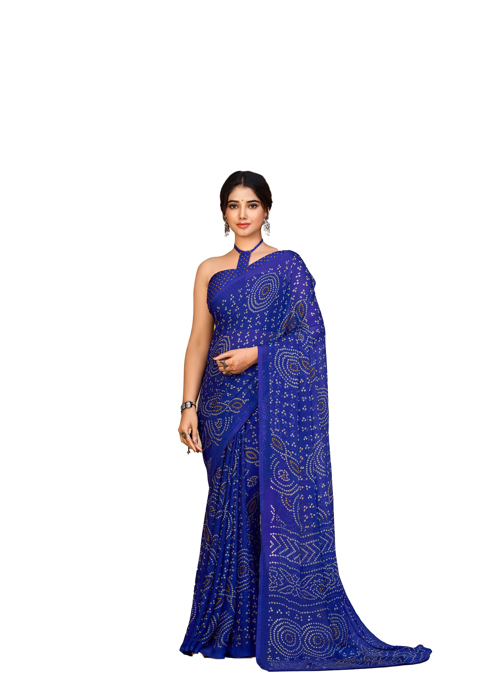 Georgette Bandhani Print Saree Festive Ethnic Wear with Blouse Piece (Royal Blue)