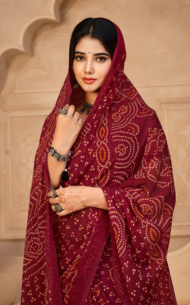 Graphic Print, Printed Bandhani Chiffon, Georgette Saree (Maroon)