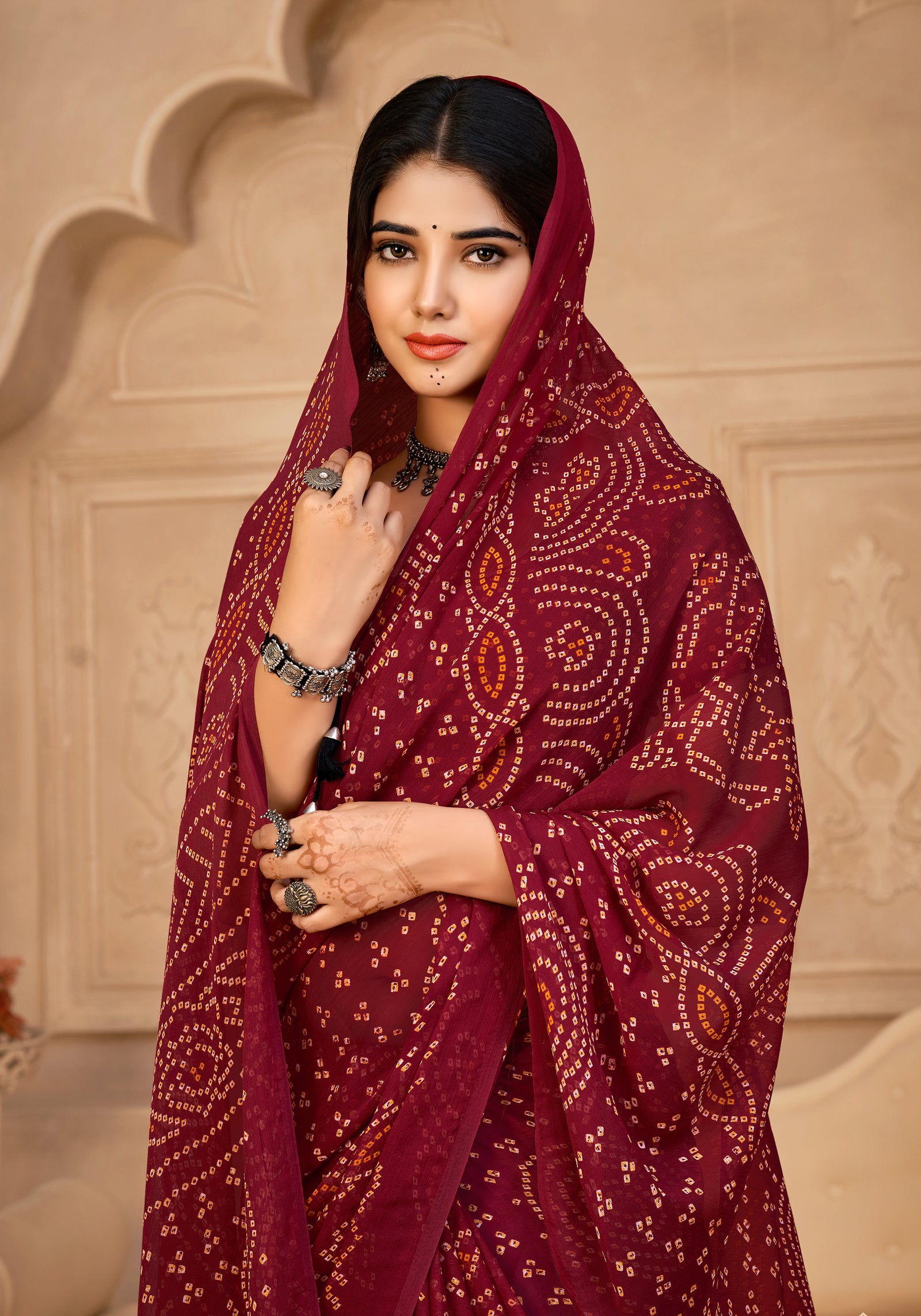 Georgette Bandhani Print Saree Festive Ethnic Wear with Blouse Piece (Maroon)