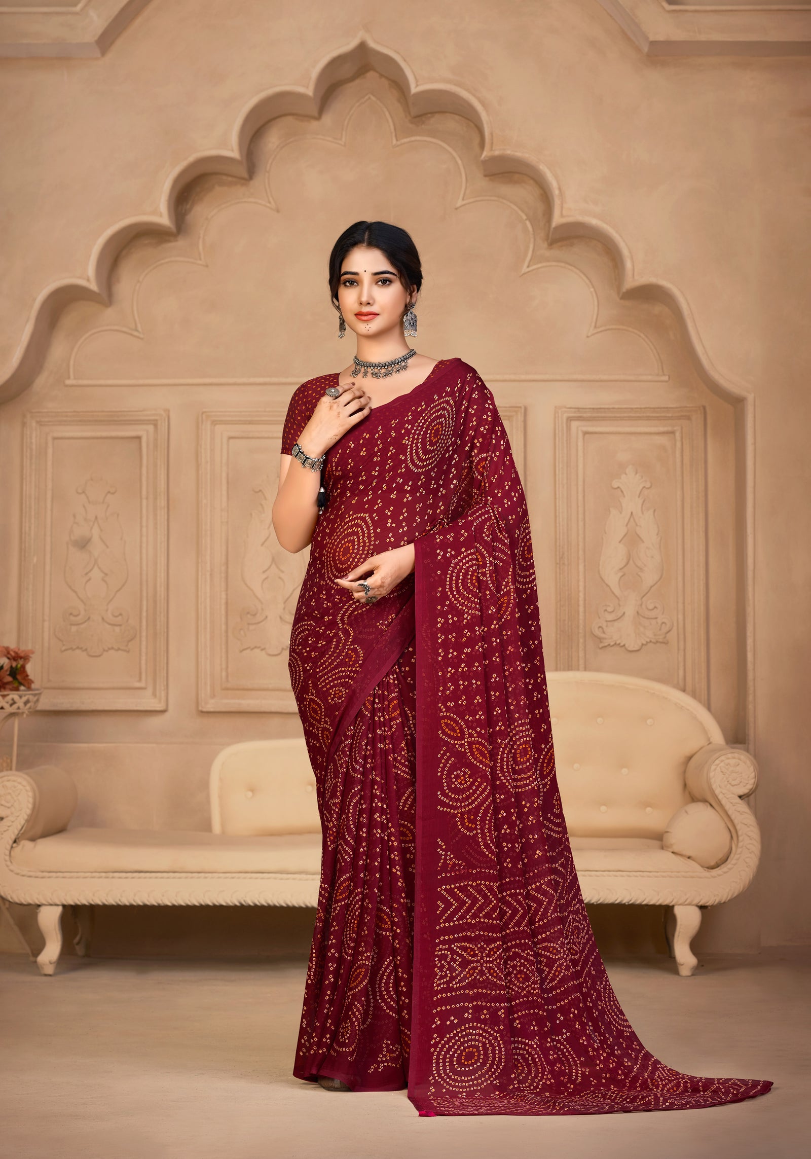 Georgette Bandhani Print Saree Festive Ethnic Wear with Blouse Piece (Maroon)
