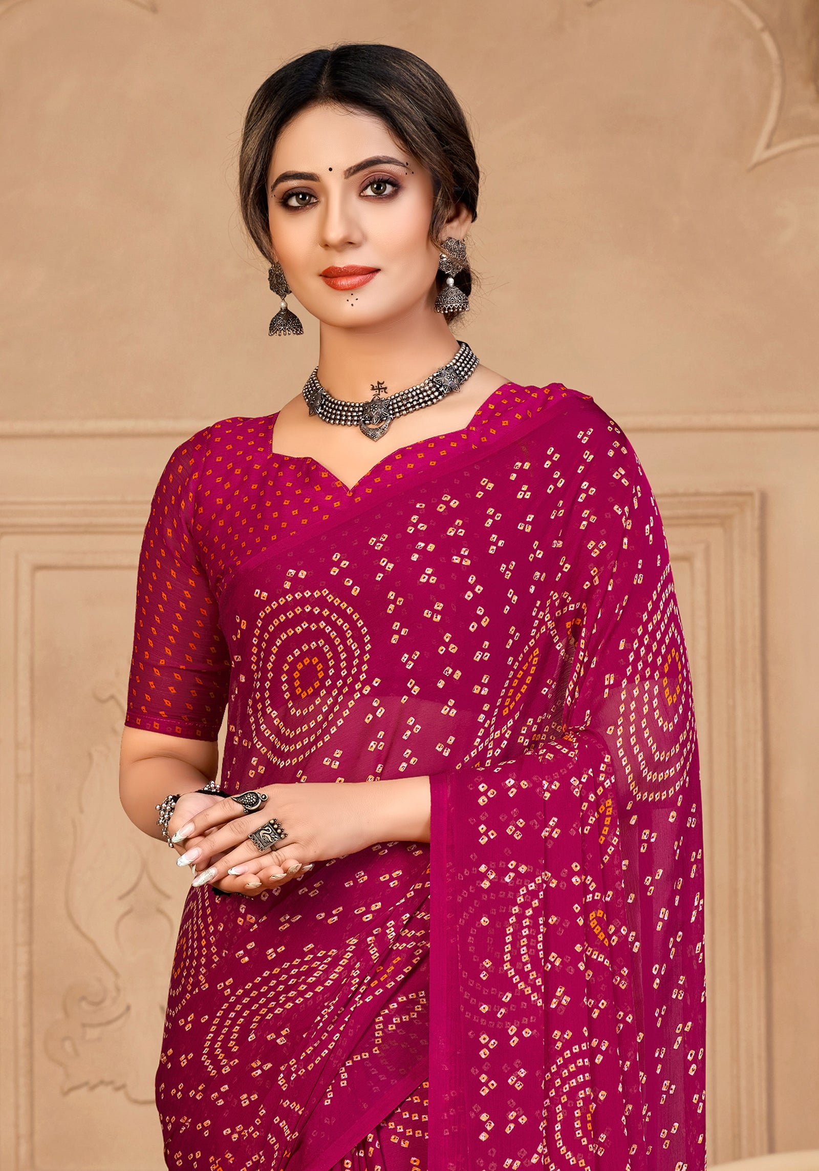 Georgette Bandhani Print Saree Festive Ethnic Wear with Blouse Piece (Rani Pink)