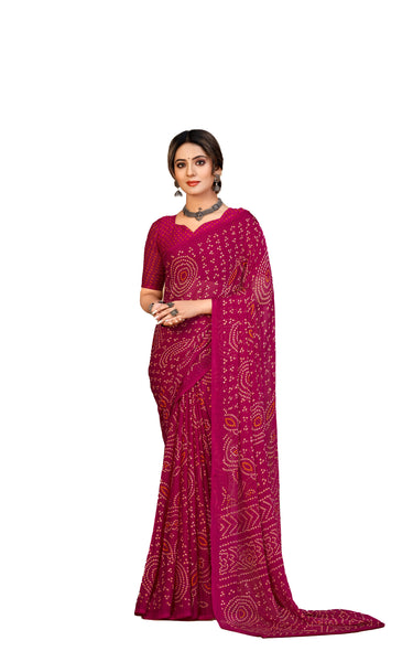Graphic Print Printed Bandhani Chiffon Georgette Saree (Pink)