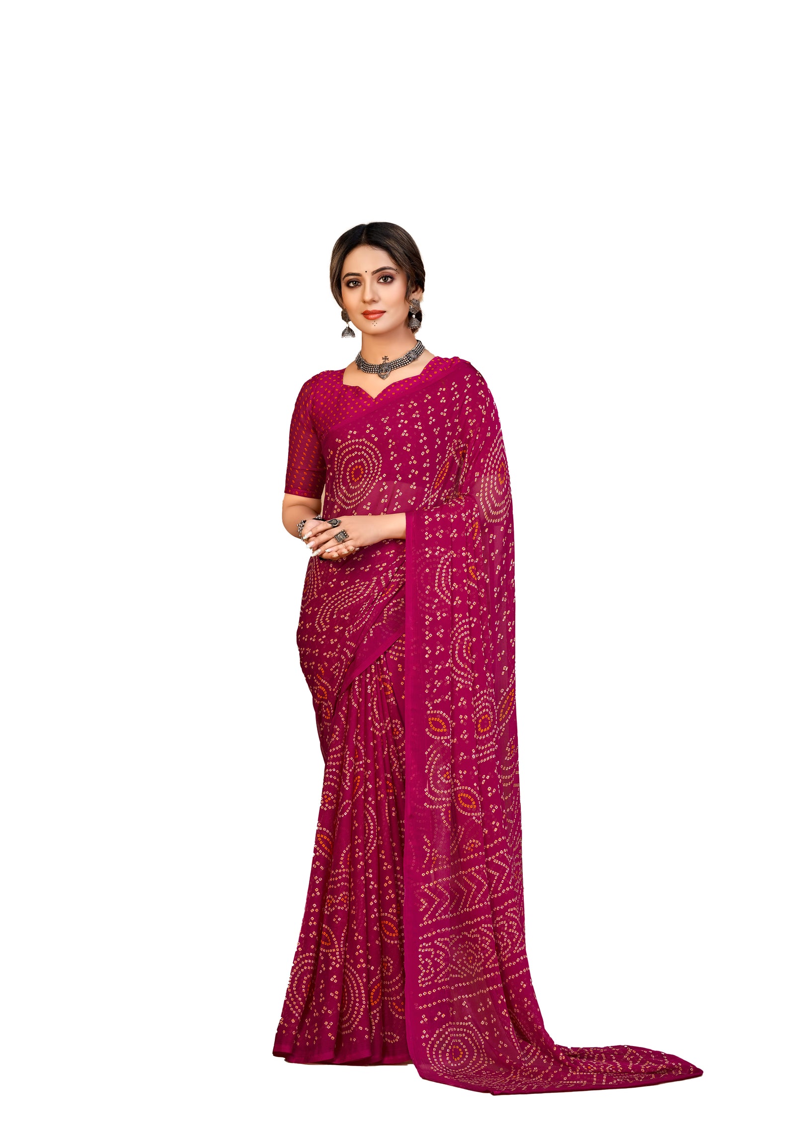 Georgette Bandhani Print Saree Festive Ethnic Wear with Blouse Piece (Rani Pink)