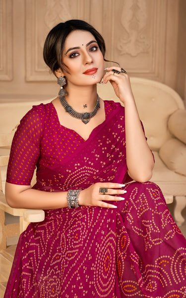 Graphic Print Printed Bandhani Chiffon Georgette Saree (Pink)