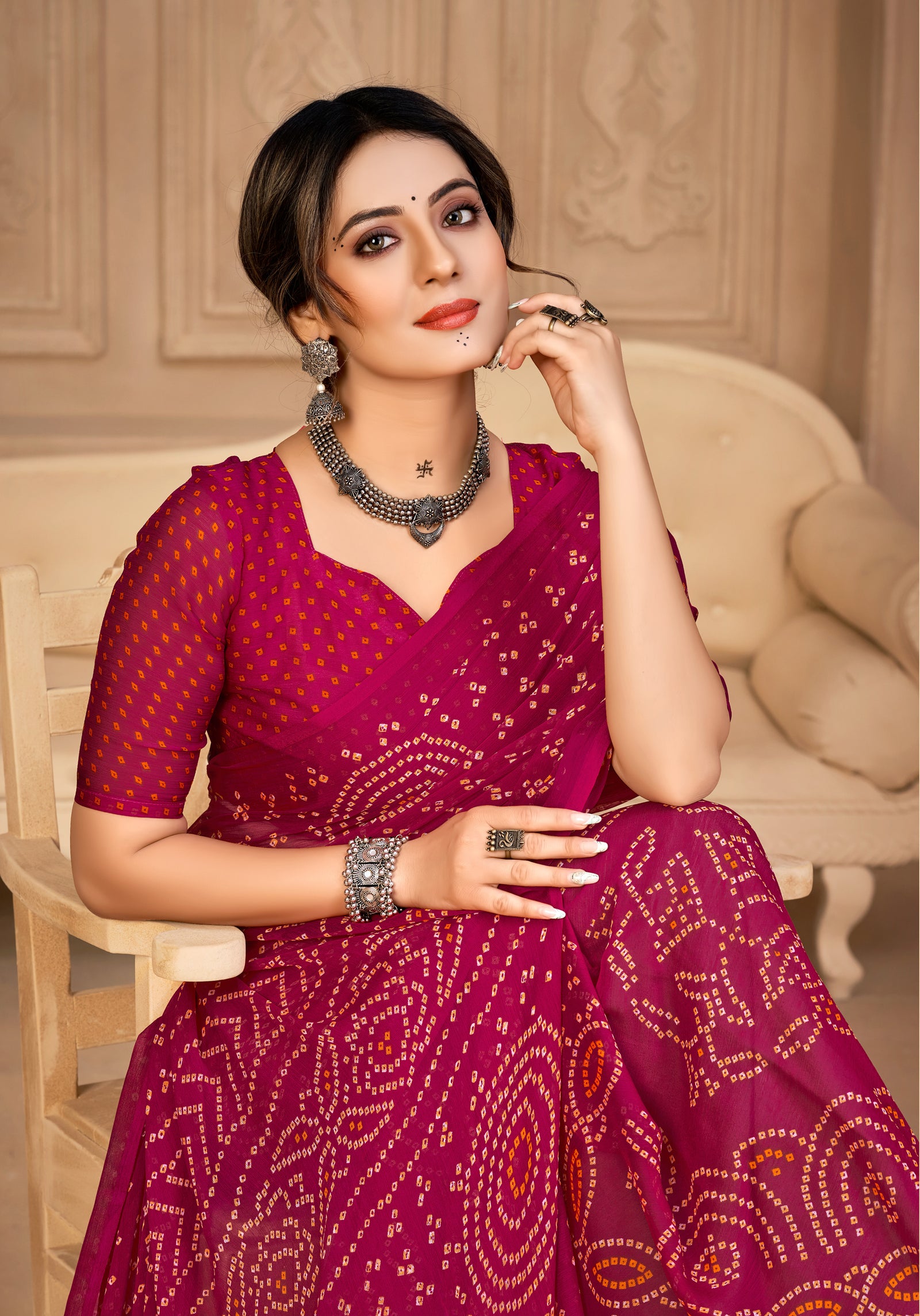 Georgette Bandhani Print Saree Festive Ethnic Wear with Blouse Piece (Rani Pink)