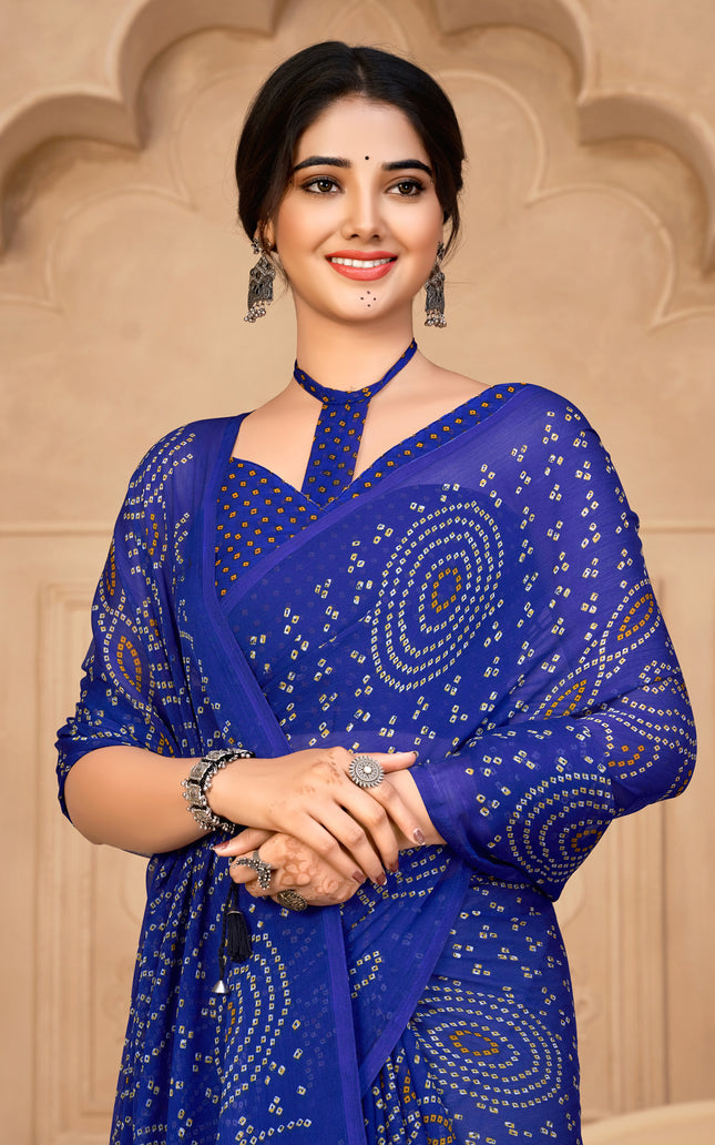 Graphic Print, Printed Bandhani Chiffon, Georgette Saree (Blue)