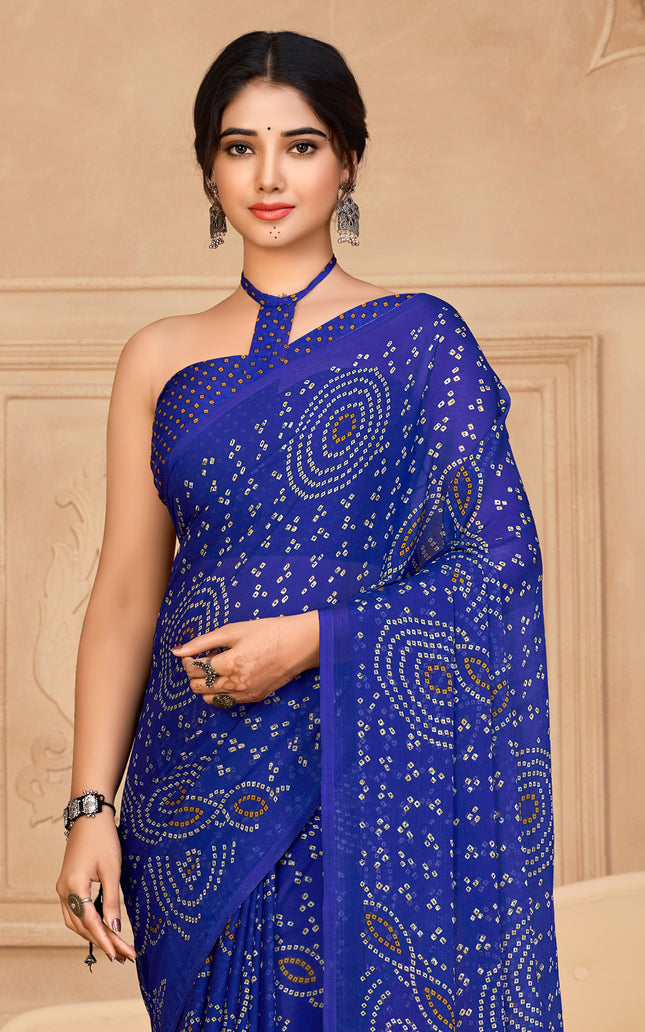 Graphic Print, Printed Bandhani Chiffon, Georgette Saree (Blue)
