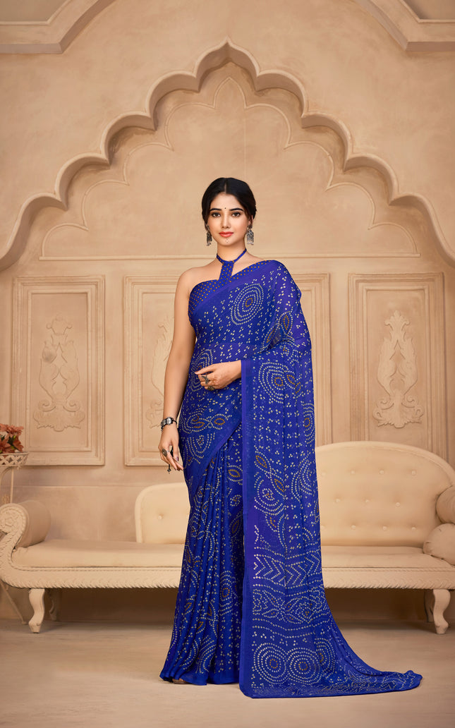 Graphic Print, Printed Bandhani Chiffon, Georgette Saree (Blue)