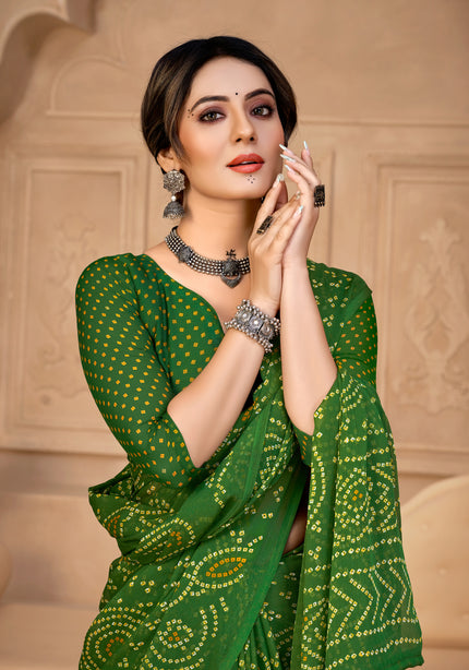 Graphic Print, Printed Bandhani Chiffon, Georgette Saree (green)