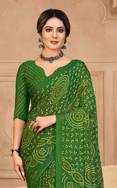 Graphic Print, Printed Bandhani Chiffon, Georgette Saree (green)
