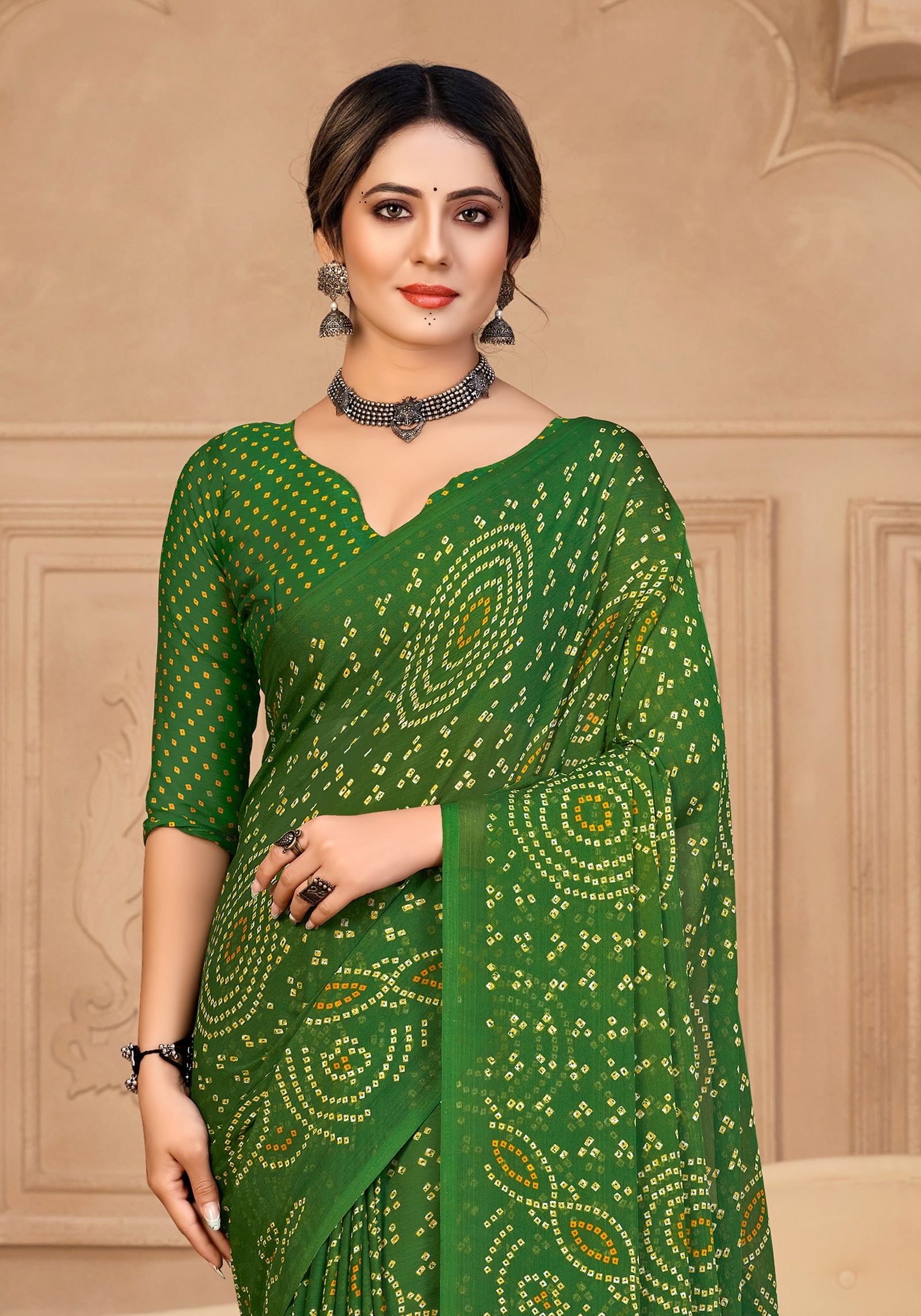 Georgette Bandhani Print Saree Festive Ethnic Wear with Blouse Piece (Green)