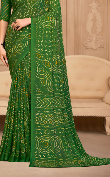Graphic Print, Printed Bandhani Chiffon, Georgette Saree (green)