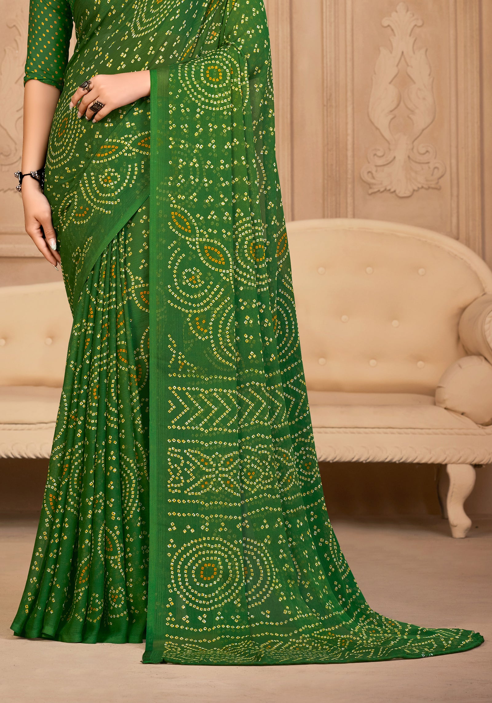 Georgette Bandhani Print Saree Festive Ethnic Wear with Blouse Piece (Green)
