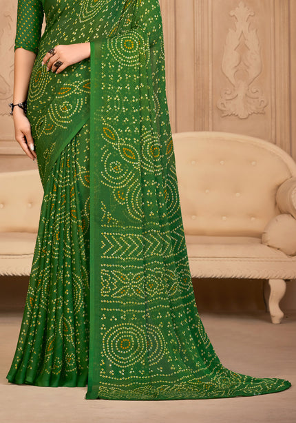 Graphic Print, Printed Bandhani Chiffon, Georgette Saree (green)